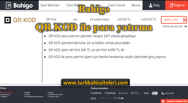 Bahigo QR kod ile para yatırma